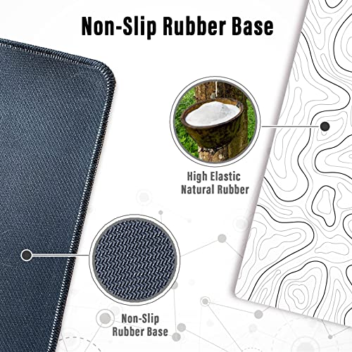 Image of Ovenbird Large Gaming Mouse Pad with Stitched Edges, Minimalist Topographic Map Desk Mat, Extended XL Mousepad with Anti-Slip Base, Cool Desk Pad for Keyboard and Mouse, 35.4 x 15.7 in, White