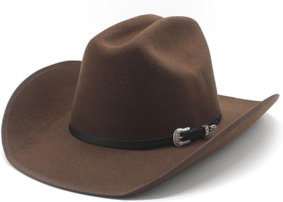Western Felt Cowboy Hat, Brown with Leather Band and Silver Buckle, Wide Brim
