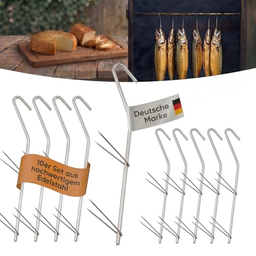 ok4y Räucherhaken Edelstahl 10 Stück – Doppelspitz V-Krallen, 18 cm, 4 mm Ø – Smoker & Grill Zubehör zum Räuchern von Fisch, Fleisch, Wurst & Käse