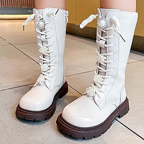 Girls Knee Length Boots Side Zipper Combat Riding Boots Lace-Up Chunky Low Heel Tall Winter Boots Dress Kids Shoes3