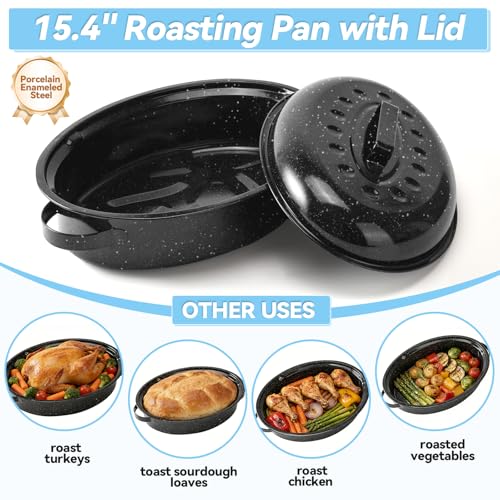 15.4" Roasting Pans for Ovens Porcelain Enameled Steel Oval Roaster Pan with Domed Lid for Turkey, Chicken, Vegetable, Lamb, Sourdough Bread by Webonbake - Used condition - Image 3
