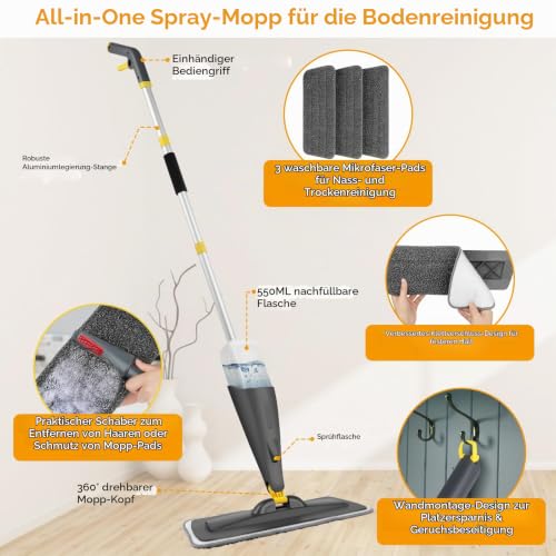 Homgif Bodenwischer mit Sprühfunktion 550ML Sprühwischer, Wischmopp mit Sprühfunktion Spray Mop...