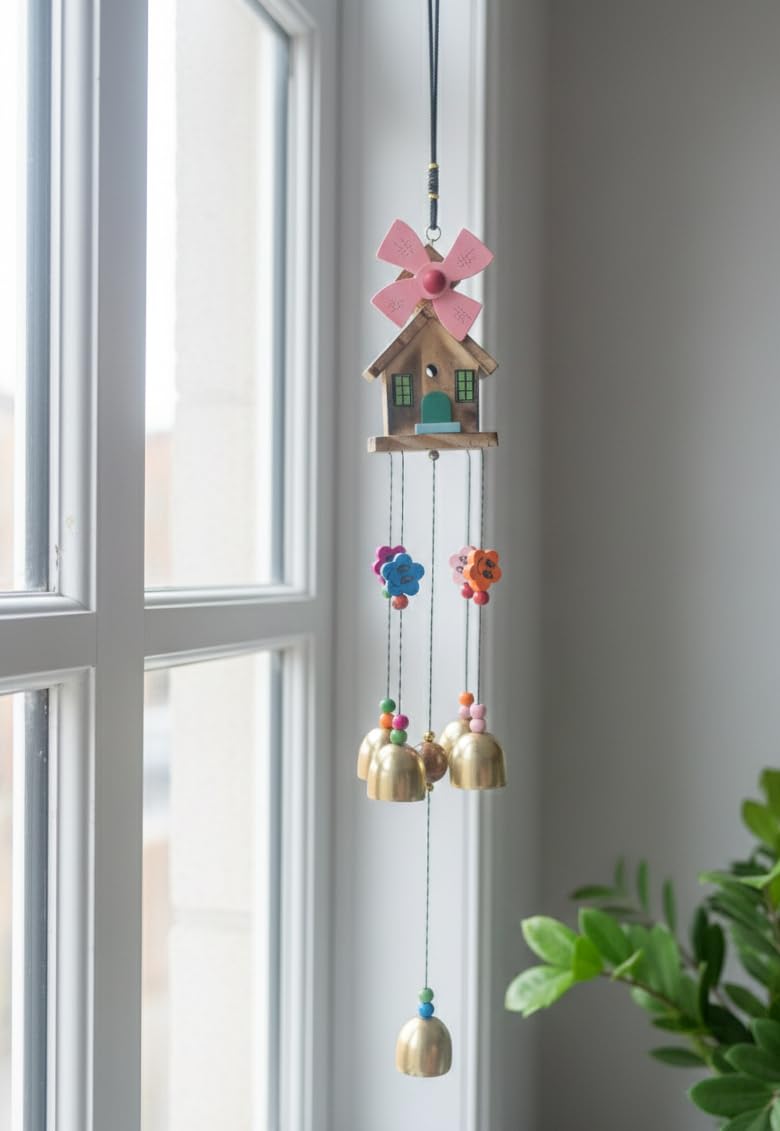 Decorative Wind Chime for Home Positive Energy – Wooden House with Bells, Colourful Beads - Wind Chimes for Balcony, Living Room, Hall, Garden & Home Decor – Perfect Housewarming (Pink)-image-6