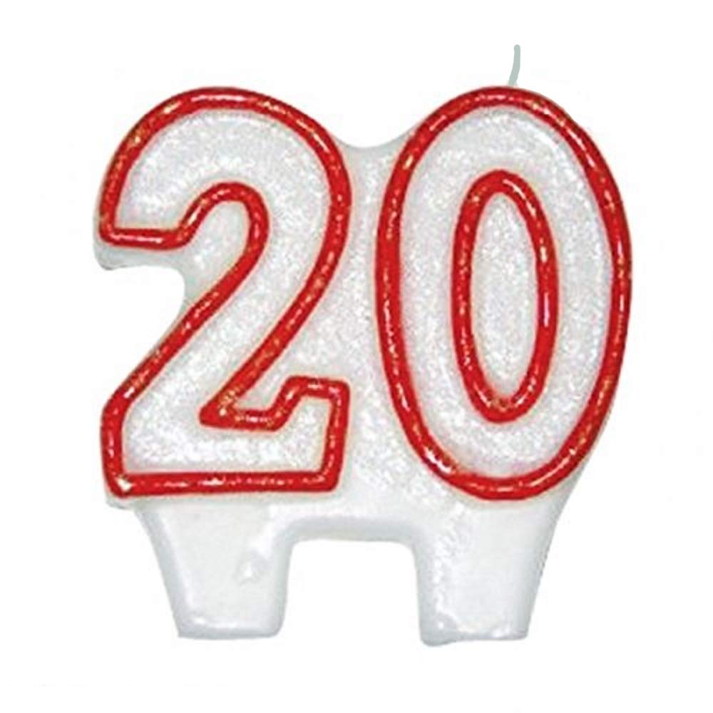 Mbb White 20Th Birthday Candle Cake Decoration Glitter Topper - Party Celebration Candles