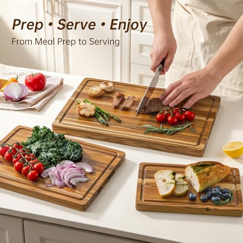 Image of Teak Wood Cutting Board Set of 3 Wooden Cutting Boards for Kitchen | Premium Teak Wood • FSC Certified • Deep Juice Groove • Built-In Handles • Non-Slip Feet • 3 Practical Sizes • Gift-Ready Box