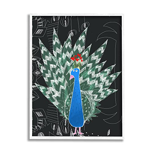 Stupell Industries Children's Abstract Peacock Doodle Black Pattern White Framed Wall Art, 24 x 30, Green