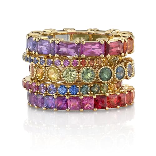 Princess Cut Lab-Created Multi Sapphire Shared Prong Full Eternity Wedding Band Ring in 925 Sterling Silver - Stunning Stacking Rainbow Sapphire Ring for Her2