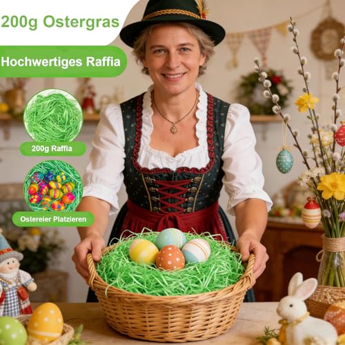 200g Ostergras Grün, Ostergras Geschreddertes Papier, Raffia Füllmaterial, für Osterkorb Osternest Geschenkverpackung Osterdekoration
