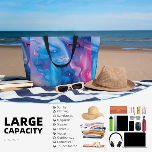 Large Beach Bags for Women Sandproof - Abstract Blue Pink Ocean Print Summer Travel Work Tote Bags with Zipper4