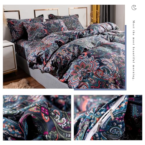 VM VOUGEMARKET Retro Paisley Duvet Cover Queen Size Boho Damask Duvet Cover Sets 100% Brushed Cotton Bedding Set,1 Duvet Cover and 2 Pillow Shams for All Seasons-Stormy Blue