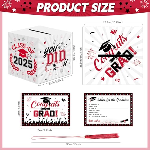 Class of 2025 Graduation Card Box White Red Congrats Grad Cap Shaped Card Holder Boxes with Tassel and 48 PCS Advice Wishes Cards for High School College Centerpiece Ceremony Graduation Party