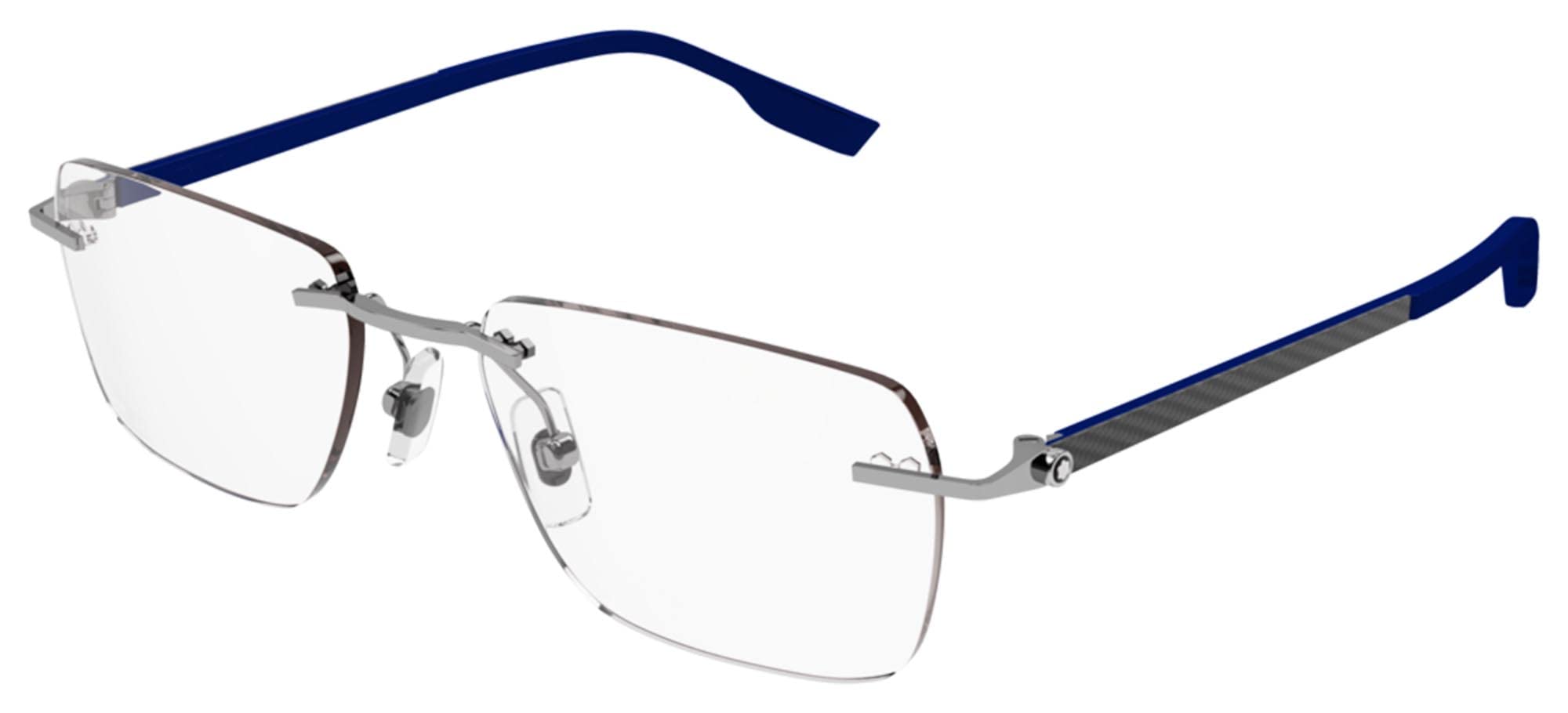 MONTBLANC Sunglasses MB0185O, Silver, Rimless, 55-19-145mm, Transparent Blue