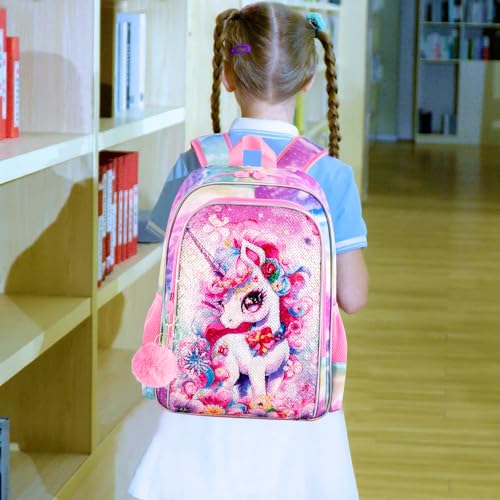 Image of HPJGD 3PCS Unicorn Backpack for Girls, Water Resistant Kids Sequins Bookbag Set with Lunch Box,Cute Elementary School Bag for Preschool Toddler