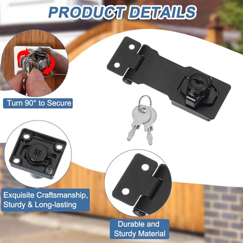 Image of MECCANIXITY Twist Knob Keyed Hasp Locks Safety Packlock Clasp Hasp Latches with Keys & Screws 3 Inch for Window Barn Drawer Cabinet Garage Closets Doors (Black)