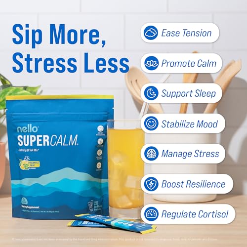Image of Nello Supercalm Powdered Drink Mix, Cortisol Reducer* and Sleep Aid Supplement, L Theanine, Ksm-66 Ashwagandha, Magnesium Glycinate, Vitamin D 3, No Sugar, Non GMO, On The Go, 20 Ct, Pineapple Mint