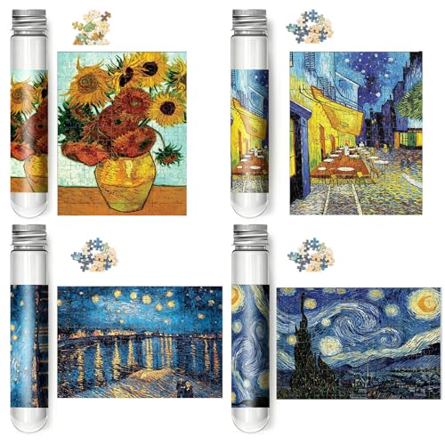 4er-Set Mini Puzzle Erwachsene in Röhre Entspannungspuzzle mit Ölgemälde-Stil 150 Teile Mikro-Puzzle Reisepuzzle Anti-Stress Geschenk & Kunstdruck Dekoration