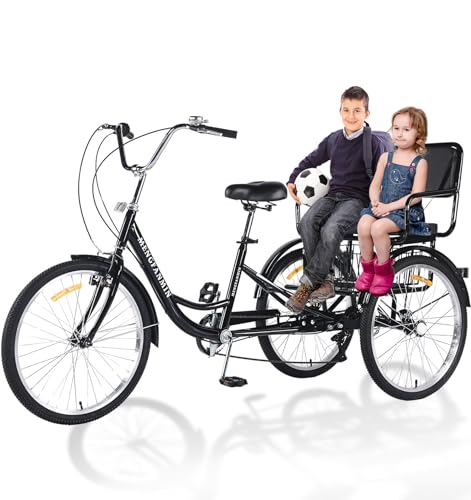 Image of Adult Tricycle Foldable with Child seat 3 Wheel Bicycle for Ladies Tricycle with Basket with Back seat 20 /24in Bikes Maximum Load 550lbs Shock Absorbing Fork Adult-Unisex (24in-7speed-black)