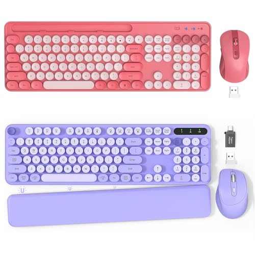 2 Pack Wireless Keyboard and Mouse - Cute Typewriter Keyboard with Retro Round Keycaps, Foldable Legs, 2.4GHz Full-Size Keyboard for PC, Laptop, Windows