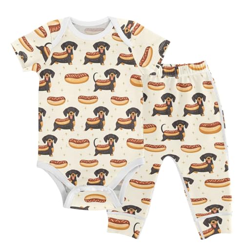 vvfelixl Baby Layette Sets Clothes,Cute Dachshund with Hotdog Baby Bodysuits Set,Unisex Babys Pants Sets Short Sleeve 12-18M