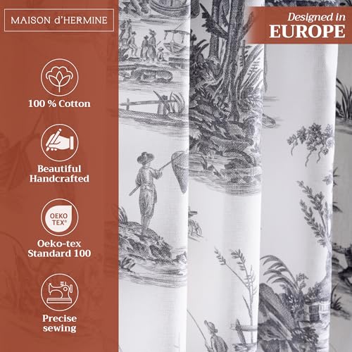 Image of Maison d' Hermine Curtains for Living Room 100% Cotton 50 inchx108 inch (Pack of 1) | 108 inches long Light Filtering Toile Curtains for Windows with Rod and Loop Pockets - Calais - Paloma Grey (White base)