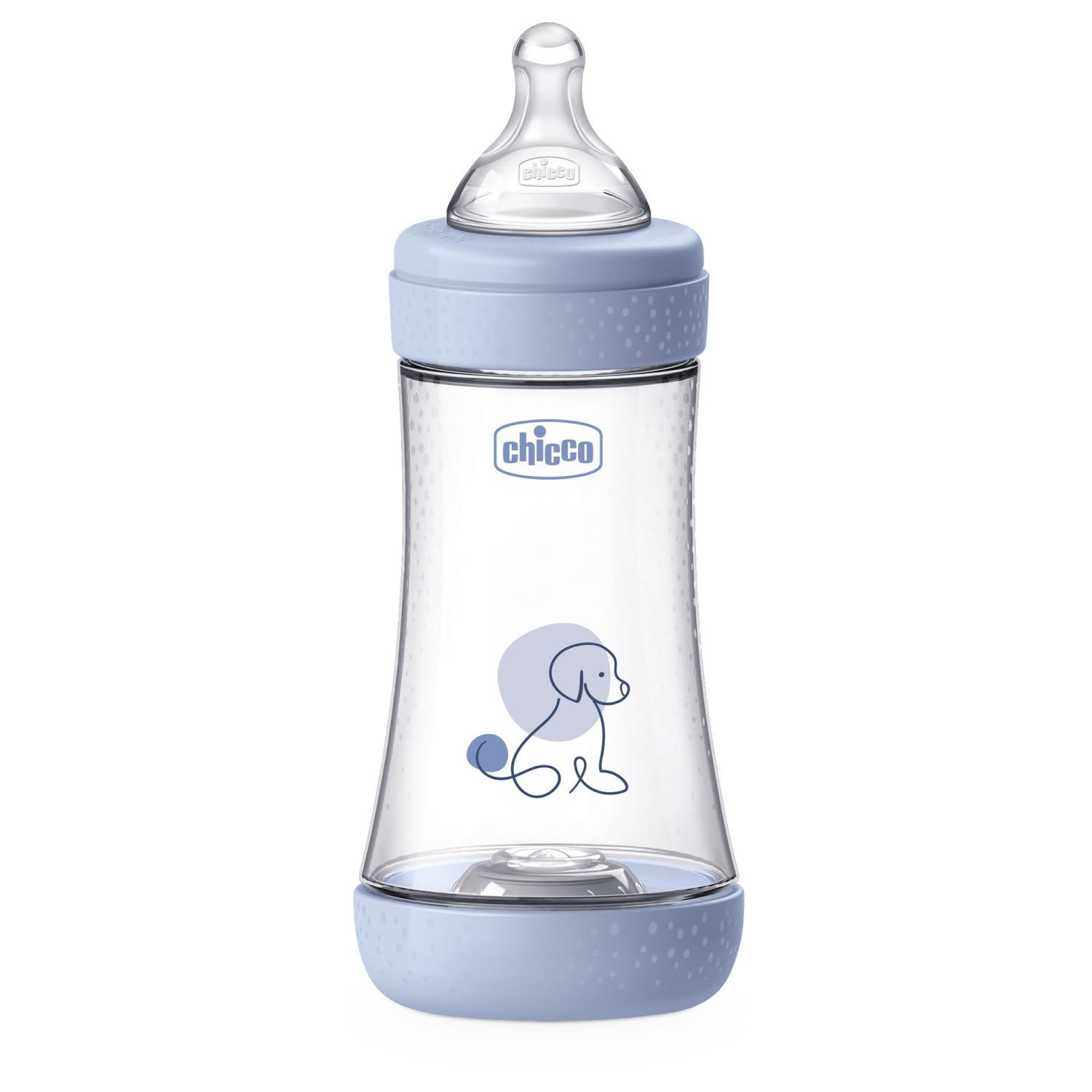 Chicco Perfect 5 Biberón Anticólico 240 ml, Biberón de Flujo Médio 2+ Meses con Tetina de Silicona Suave, Biberón Biofuncional con Sistema Intui-flow 240 ml, Azul