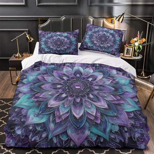 Parure de Lit de Luxe Mandala Violet 3D, Housse de Couette Microfine Grand Lit