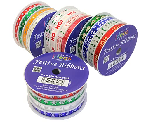 Bright Ideas Metallic Festive Ribbon. PK04 Ribbon Spools for Gift Wrapping Christmas Party Decoration, Bow Making