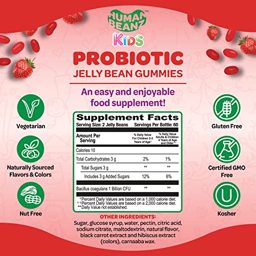 Human Beanz Probiotic Jelly Bean Gummies For Kids, Probiotic Supplements For Digestive Health, Nutritional Vegetarian Supplements, 120 Strawberry Blast Jelly Beans, Kosher #TOP2