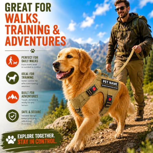 Image of Customized Tactical Dog Harness with Leash | Dog Training Belt with Name | Adjustable Size for Giant Dogs | Recommended for 25-40 Kg Pet (Khaki, L)