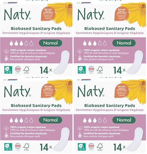 Naty Serviettes hygiéniques Normal sans ailettes | Voile supérieur 100% en coton bio certifié| Sûres pour la peau | Sans parfum ni plastique conventionnel | Protections absorbantes | 14 serviettes