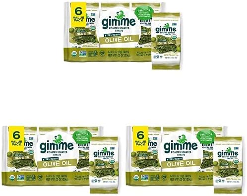 gimMe Organic Roasted Seaweed Sheets Extra Virgin Olive Oil Keto Vegan Gluten Free Great Source of Iodine and Omega 3’s Healthy OnTheGo Snack for Kids Adults, 6 Count *New (Pack of 3)