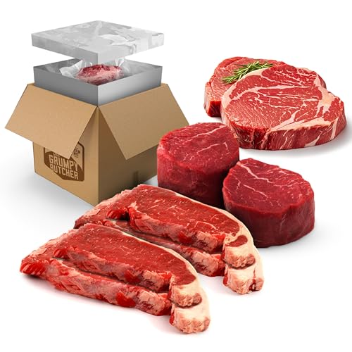 Grumpy Butcher 8 Steaks Premium Set- 4 NY Strip Steaks (10 oz), 2 Ribeye (14 oz), 2 Filet Mignon (8 oz) | Steak House Quality, Handcut & Trimmed | USDA Prime or Top Angus Choice Beef