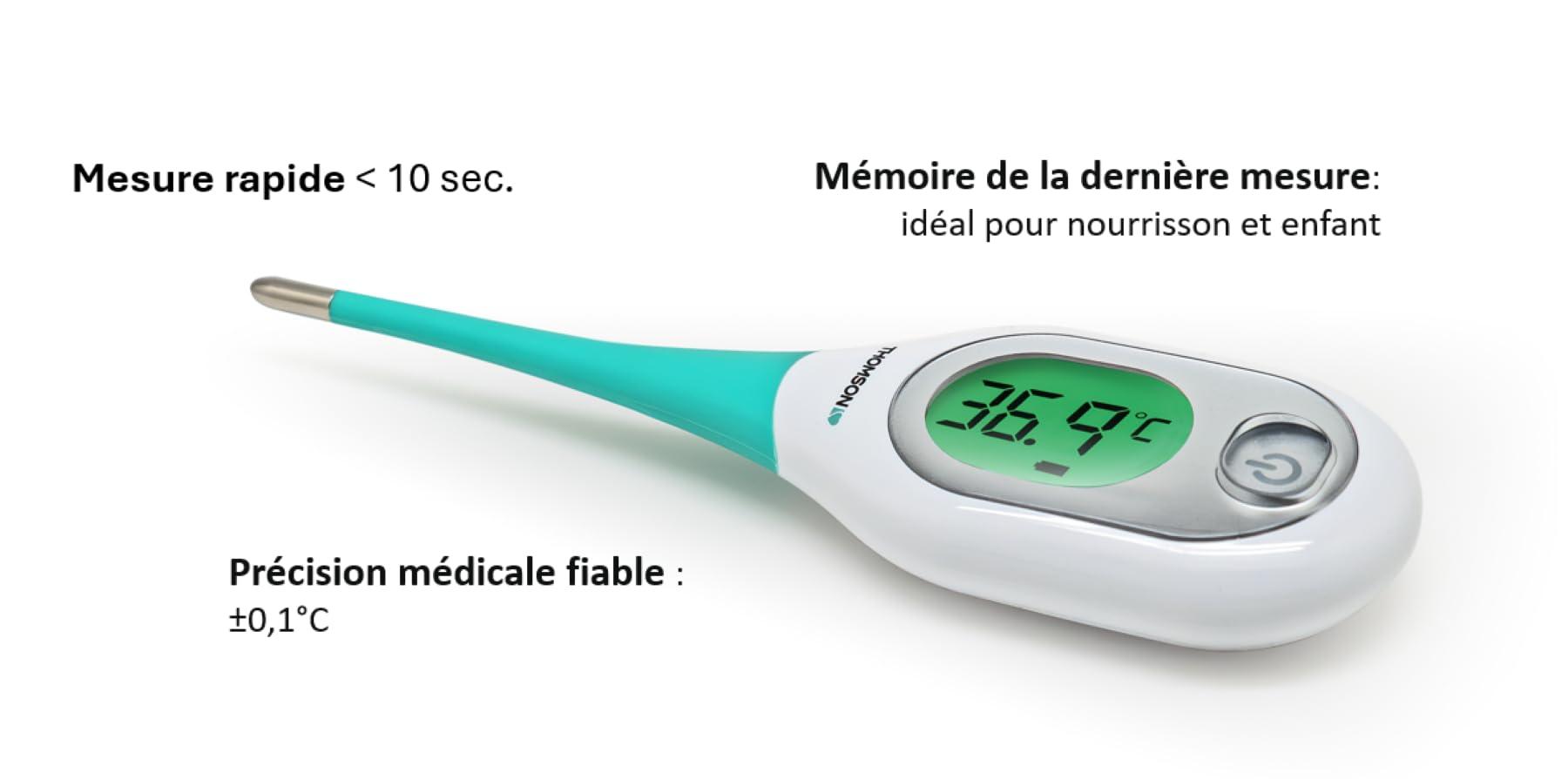 THOMSON Thermo D3 Thermomètre Digital - Fièvre Bébé Enfant Adulte - Mesure Rapide <10s, Haute Précision - Écran LCD Rétroéclairé 3 Couleurs - Mémoire - Usage Oral Axillaire Rectal - Étanche IP27