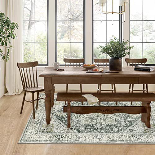 Persian Washable Area Rug 5X7 Ft,Large Boho Living Room Rug Vintage Non-Slip Indoor Rug For Bedroom,Low-Pile Retro Carpet Print Distressed Accent Rug For Nursery Entryway Office,Grey/Sage #TOP1
