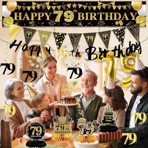 Image of 79th Birthday Decorations for Men, Black Gold 79th Party Decoration Kits