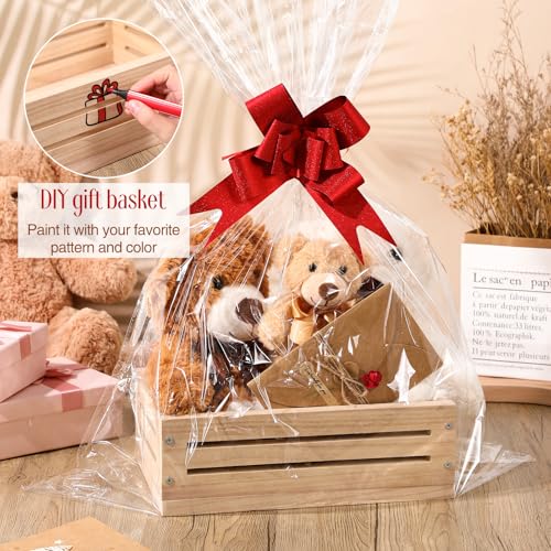 Image of Wonderjune Wooden Baskets for Back to School Gifts Empty Wood Basket with Cellophane Bag Ribbon Greeting Card for Birthday Baby Shower Wedding Housewarming Gifts Packaging(Wood,Small)