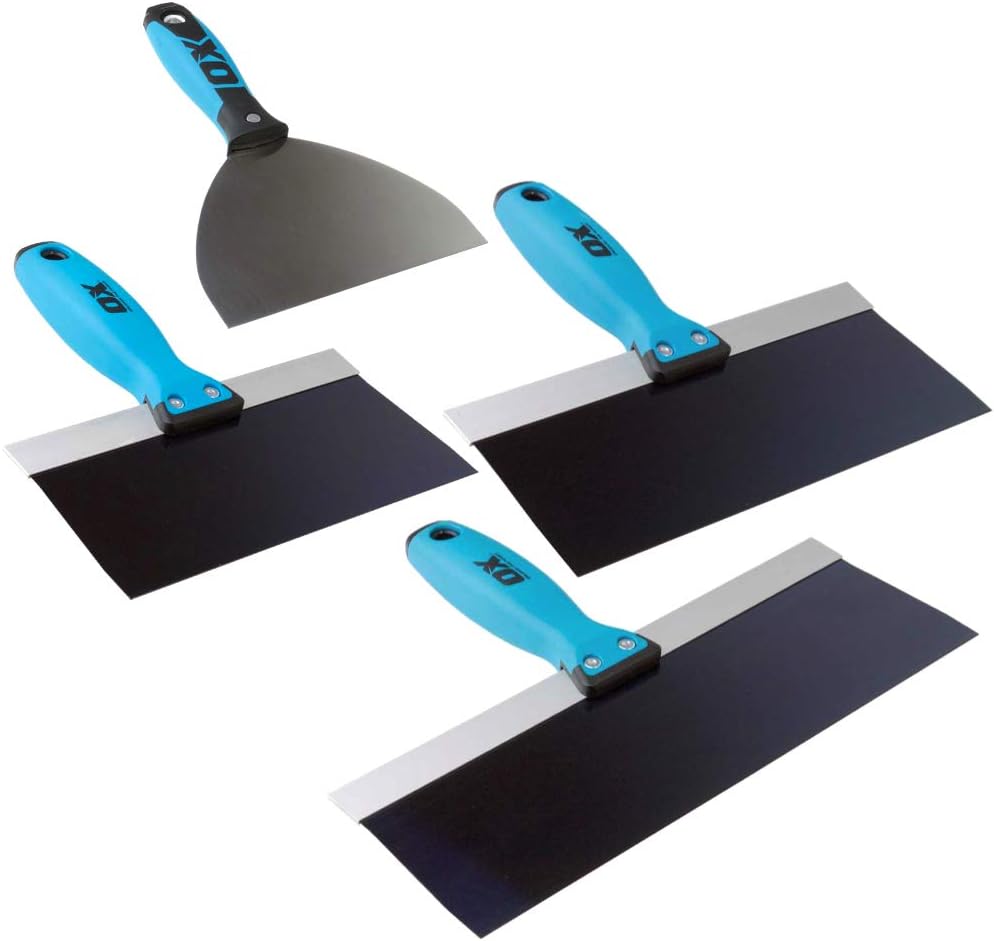 OX Pro 4-Piece Blue Steel Drywall Taping Plastering Joint Knife Set with Ox Grip Handles - 6" 8" 10" 12"