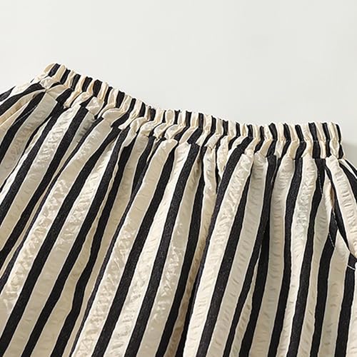 Women's Striped Linen Skirts Elastic Waist Long Flowy Bohemian Casual Summer A Line Maxi Skirt with Pockets White4