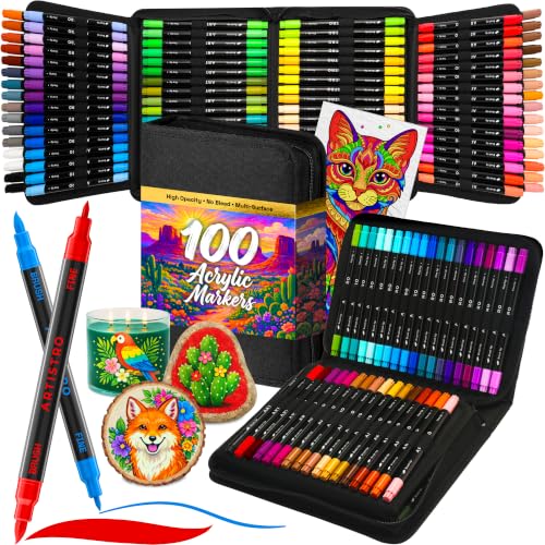 Image of ARTISTRO 100 Dual-Tip Acrylic Paint Marker Pens with Storage Bag | Brush & Fine Precision Tips, Painting & Calligraphy, Multisurface for Fabric, Rock, Glass Painting, Wood, DIY, Craft, Canvas