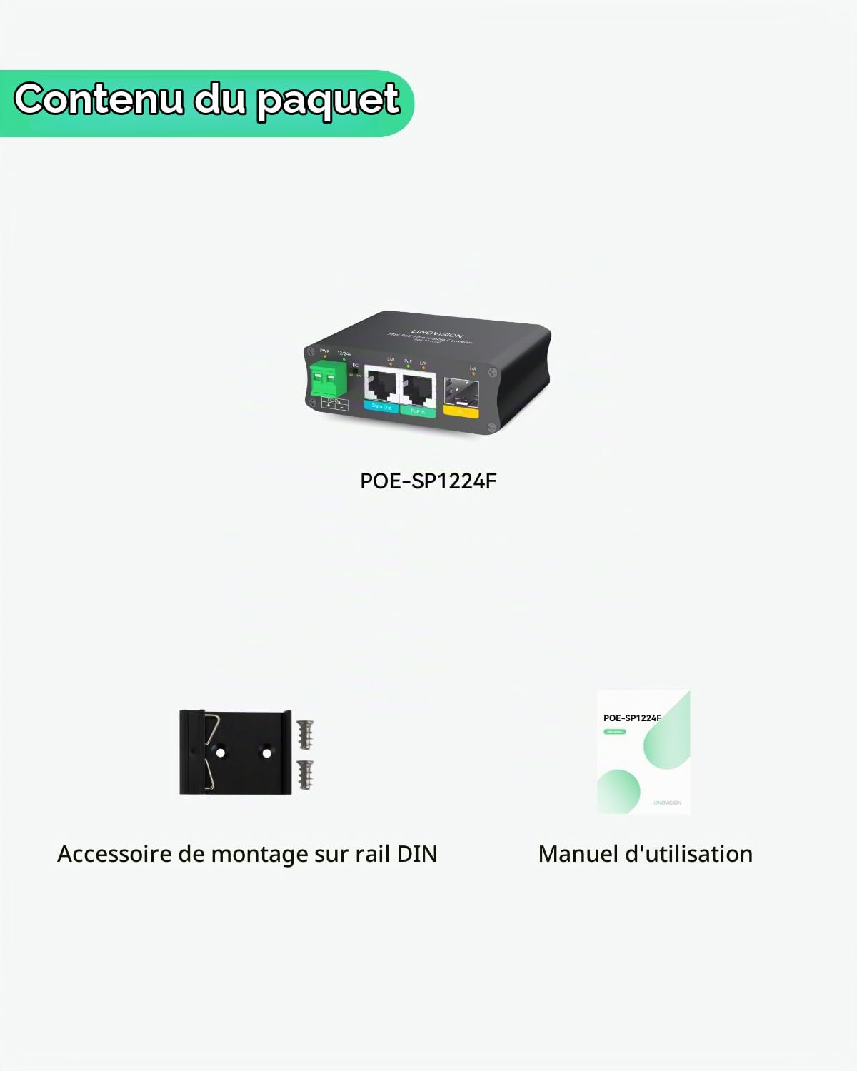 LINOVISION Convertisseur de Média Fibre Alimenté par PoE avec Sortie DC12V/24V Supplémentaire et Ethernet Gigabit, Aucune Alimentation CC Locale Requise, Prend en Charge la Transmission Fibre Longue D