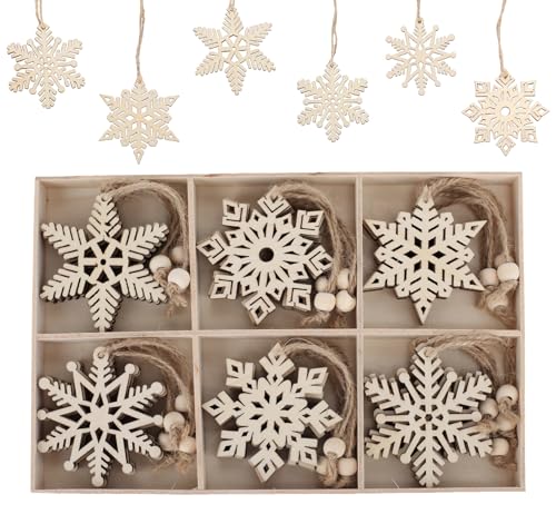 ilauke 24 Adornos de Copos de Nieve de Madera de Navidad Naturales, 6 Diseños Adornos Árbol de Madera Colgante Decoraciones Rústico Artesanía Manualidades, 7x8cm Adornos Colgantes de Navidad