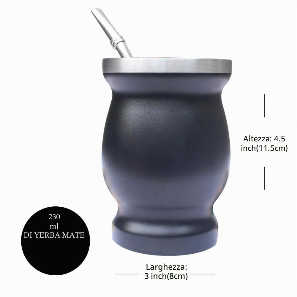 Beruth Zucca Bombilla Yerba Mate, set di tazza da tè in acciaio inossidabile da 8 once con coperchio multifunzionale, due cannucce e spazzole per la pulizia, tazza da caffè a doppia parete (nera)