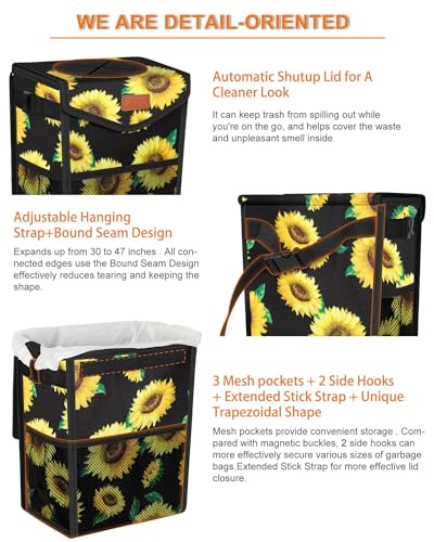Image of Pritent Car Trash Can with Lid, Cute Leakproof Car Trash Garbage Bag Hanging Vehicle Trash Bin Small Portable Automotive Garbage Cans Organizer for Back /Front Seat /Console(2.8 Gallons,Sunflower)