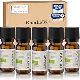 Roothouse Organics 100% Naturreine Ätherische Öle in Bio -Qualität – 5 X 10ml Set für Aromatherapie, Sauna-Aufgüsse und Entspannung
