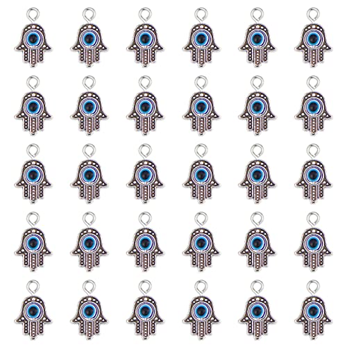 JIALEEY 30PCS Antique Silver Hamsa Hand Evil Eye Bead of Fatima Symbol Charms Hamsa Hand Beads Frame Charms for Jewelry Making Findings DIY Necklace Bracelet