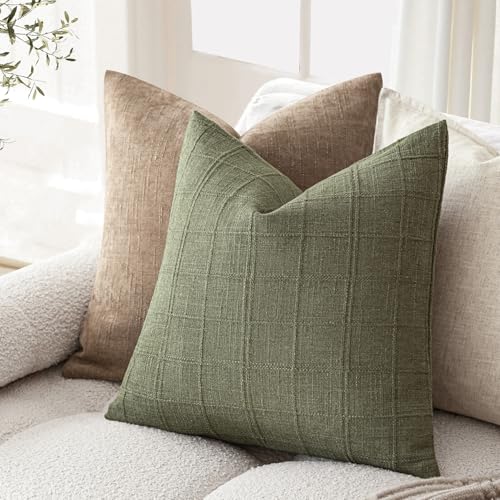 Image of Foindtower Set of 1 Decorative Linen Check Throw Pillow Cover Neutral Farmhouse Vintage Cushion Cover Modern Boho Home Decor for Sofa Chair Couch Bedroom Living Room,24x24 Inch,Sage Green