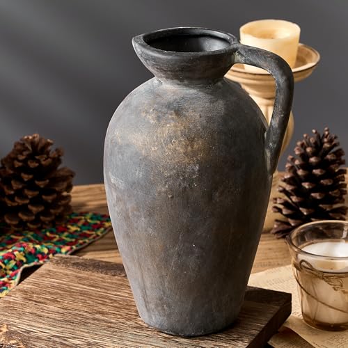 PORCER Grand vase en céramique rustique antique de 24 cm de haut avec poignée, vase en poterie vintage de style rustique pour décoration d'intérieur, salon, entrée,...