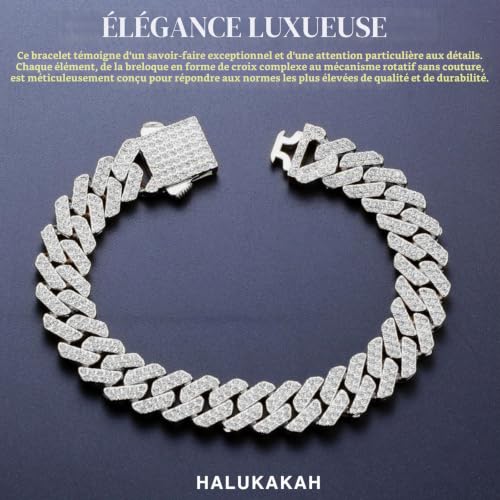 HALUKAKAH Plaqué Platine Lien Cubain Bracelet avec Diamants pour Hommes - Plus 300 Diamants de Laboratoire - Largeur 12mm Longueur 20cm - avec Boîte Cadeau – vue 6
