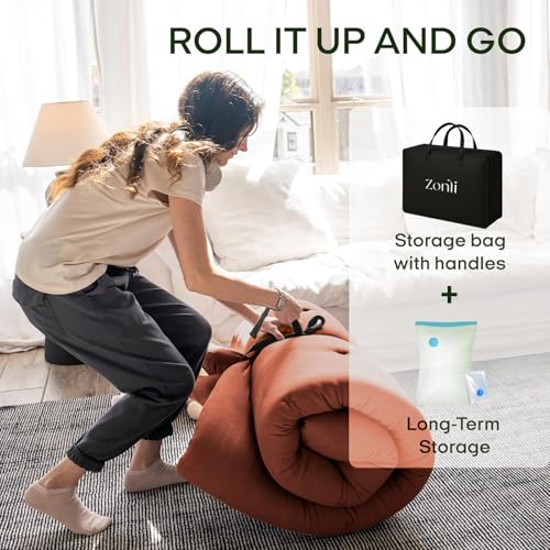 Image of ZonLi Japanese Floor Futon Mattress Twin Size 75 inchx 39 inch, 100% Cotton Cover 2.5'' Thicken Tatami Mattress, Foldable Sleeping Pad, Portable Dormitory Tatami Mat, Roll Up Floor Lounger Bed for Adult