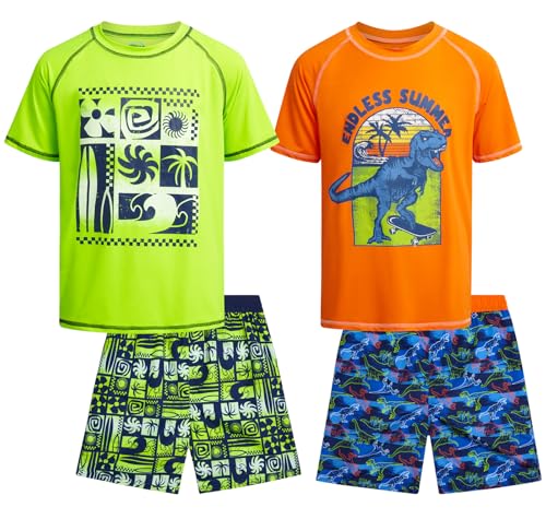 Quad Seven Boys Rash Guard Swimsuit Set – 4-Piece Kids Short Sleeve Bathing Suit Swimwear Sets (Sizes: 5-12)